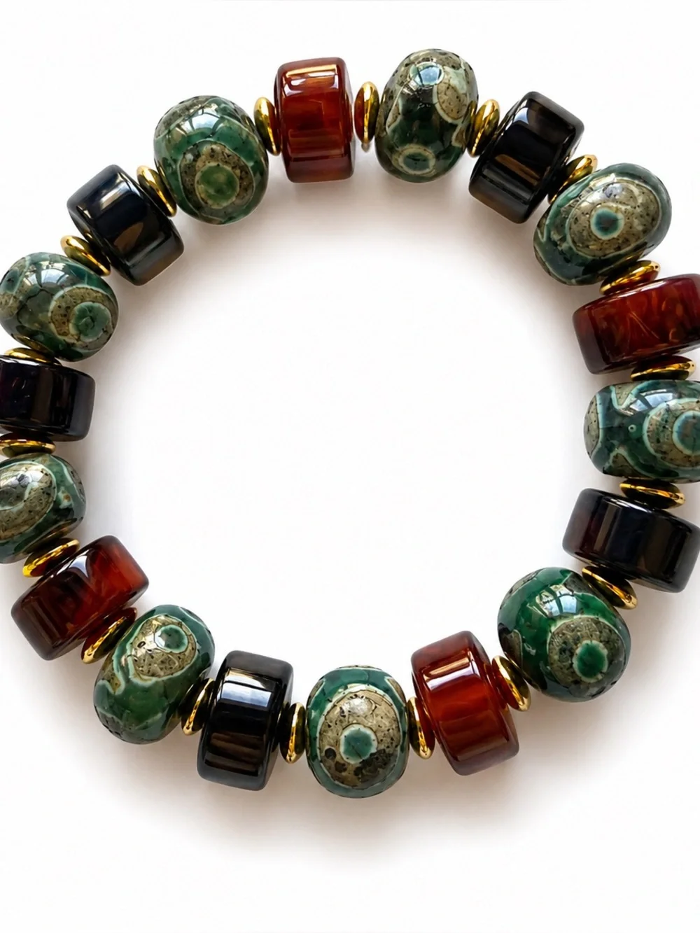 Handcrafted Green and Amber Bead Stretch Bracelet